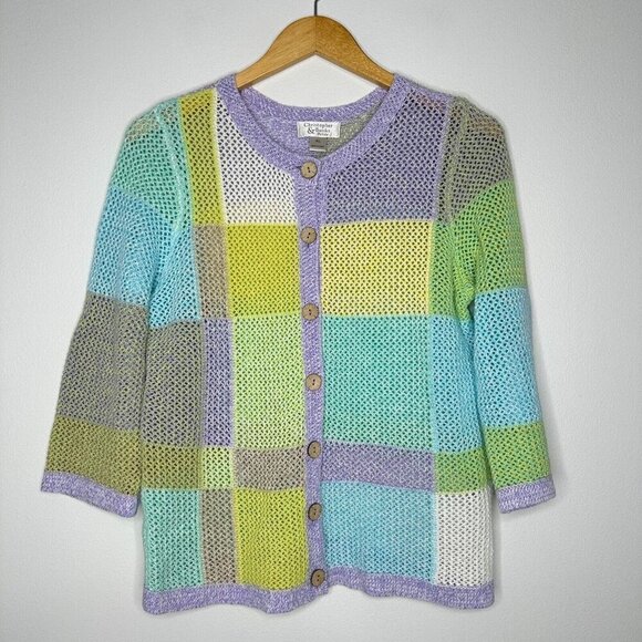Open Knit Cardigan Sweater Size PL Coastal Grandma Squares - Picture 1 of 10